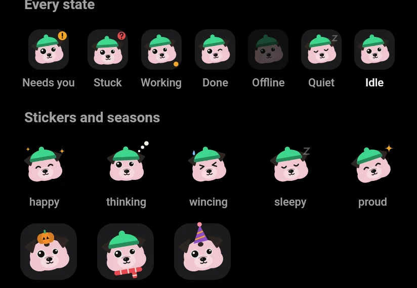 A pug in every mood, its stickers, and its seasonal hats