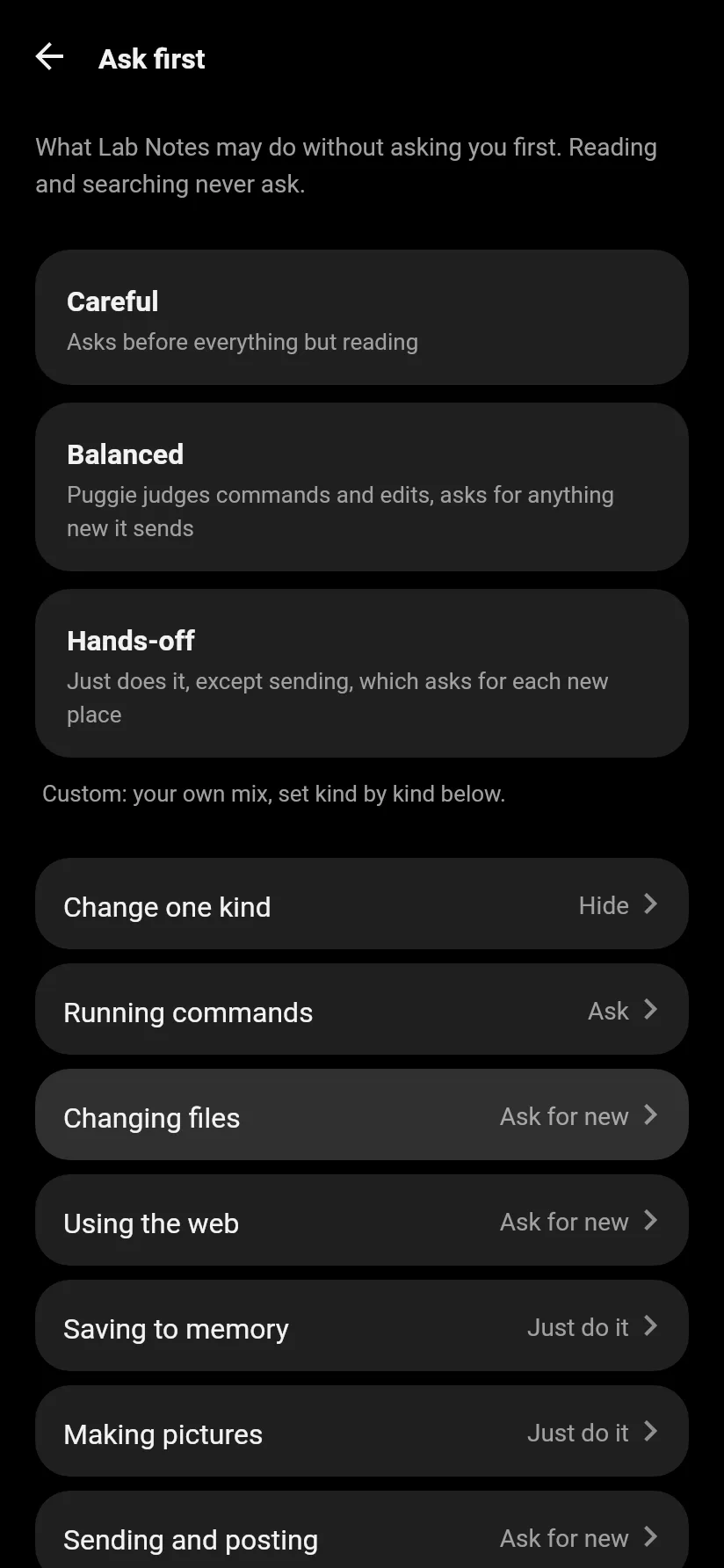 Ask first settings: Careful, Balanced, Hands-off