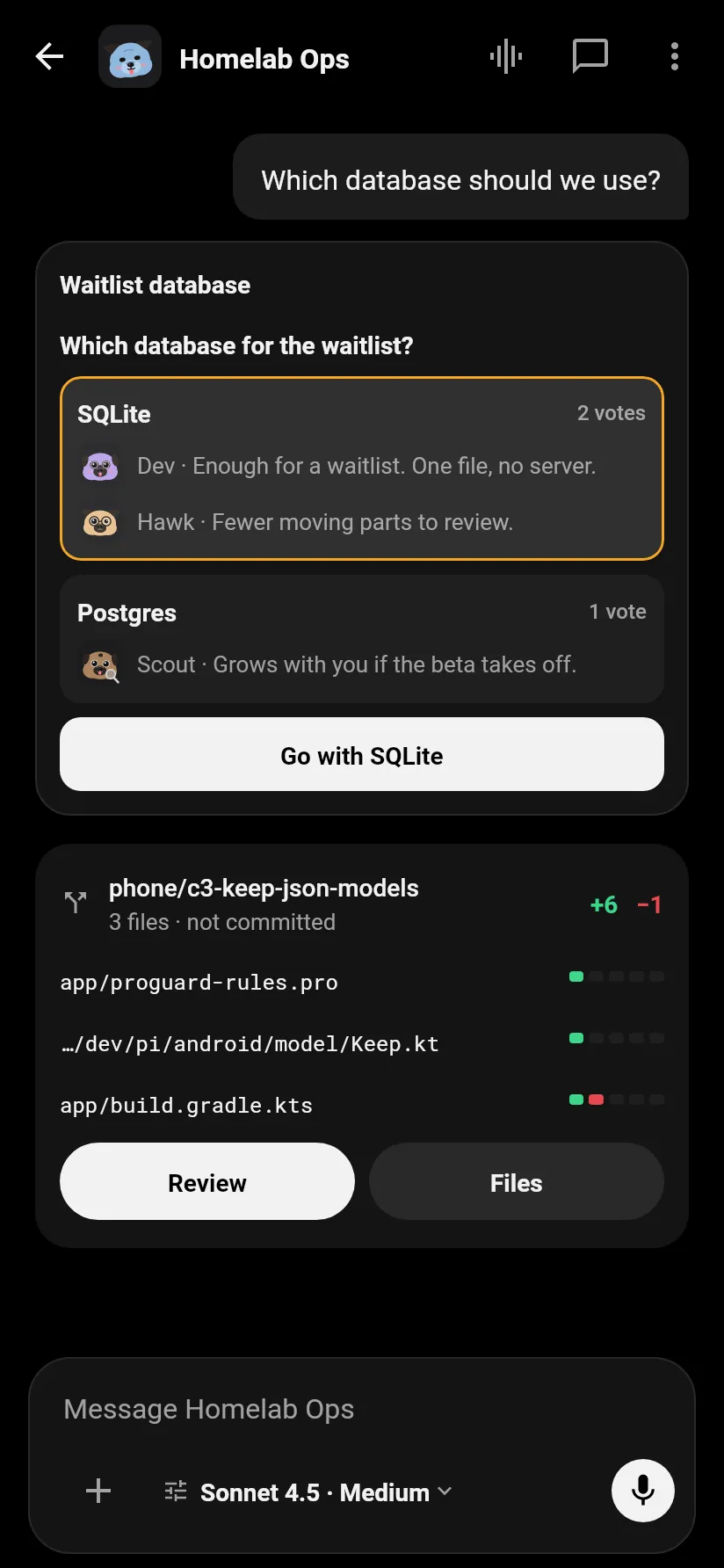A group poll with each bot's vote under its pug